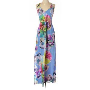 Amanda Uprichard Silk Smocked Maxi Dress Blue Floral Butterfly Pattern Size S